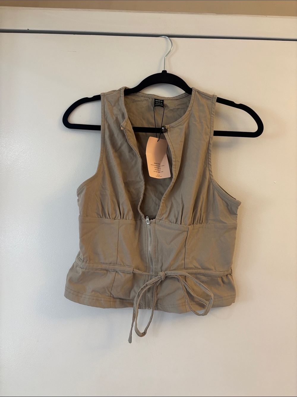 SHEIN Taupe Sleeveless Zip-Front Crop Top with Waist Tie